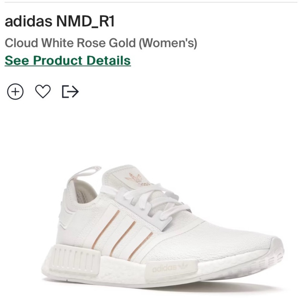 Women’s Adidas NMD R1 shoes.  Cloud White and Rose Gold. Size 8.